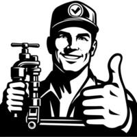 Black and white Silhouette of a plumber holding thumbs up and smiling Face vector