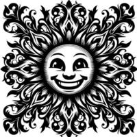 Black and white Silhouette of a sun symbol with a smiling happy Face vector