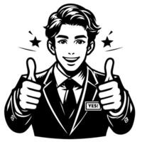 Black and white Silhouette of a shop manager holding thumbs up and smiling Face vector