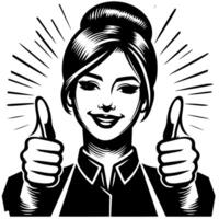 Black and white Silhouette of a female business woman manager holding thumbs up in a business outfit vector