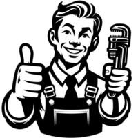 Black and white Silhouette of a plumber holding thumbs up and smiling Face vector