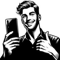 Black and white Silhouette of a indian guy with a smartphone and thumbs up vector