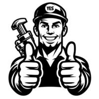 Black and white Silhouette of a plumber holding thumbs up and smiling Face vector