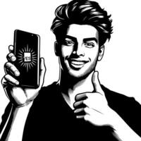 Black and white Silhouette of a indian guy with a smartphone and thumbs up vector