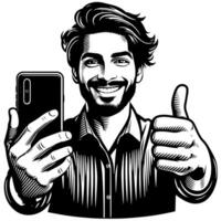 Black and white Silhouette of a indian guy with a smartphone and thumbs up vector