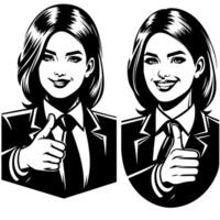 Black and white Silhouette of a female business woman manager holding thumbs up in a business outfit vector