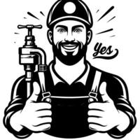 Black and white Silhouette of a plumber holding thumbs up and smiling Face vector