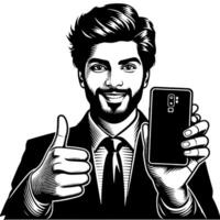 Black and white Silhouette of a indian guy with a smartphone and thumbs up vector