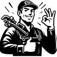 Black and white Silhouette of a plumber holding thumbs up and smiling Face vector