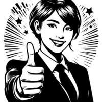 Black and white Silhouette of a female business woman manager holding thumbs up in a business outfit vector