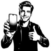 Black and white Silhouette of a indian guy with a smartphone and thumbs up vector