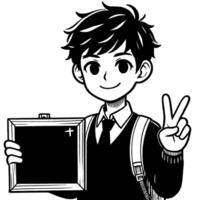 Black and white Silhouette of a student guy showing the peace sign scribble vector