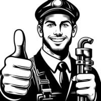 Black and white Silhouette of a plumber holding thumbs up and smiling Face vector