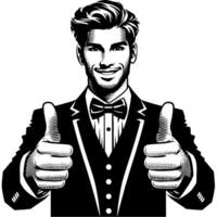 Black and white Silhouette of a indian guy in a positive happy pose and holding thumbs up vector