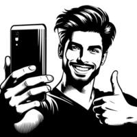 Black and white Silhouette of a indian guy with a smartphone and thumbs up vector