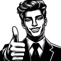 Black and white Silhouette of a indian guy in a positive happy pose and holding thumbs up vector