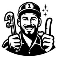 Black and white Silhouette of a plumber holding thumbs up and smiling Face vector