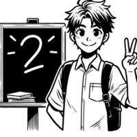 Black and white Silhouette of a student guy showing the peace sign scribble vector