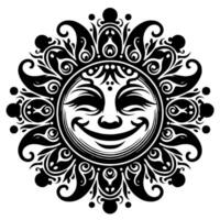 Black and white Silhouette of a sun symbol with a smiling happy Face vector