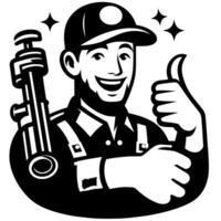 Black and white Silhouette of a plumber holding thumbs up and smiling Face vector