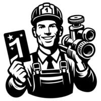 Black and white Silhouette of a plumber holding thumbs up and smiling Face vector