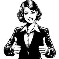 Black and white Silhouette of a female business woman manager holding thumbs up in a business outfit vector