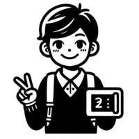 Black and white Silhouette of a student guy showing the peace sign scribble vector