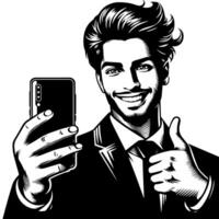 Black and white Silhouette of a indian guy with a smartphone and thumbs up vector