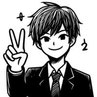 Black and white Silhouette of a student guy showing the peace sign scribble vector