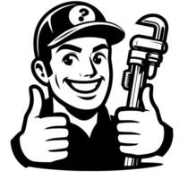 Black and white Silhouette of a plumber holding thumbs up and smiling Face vector