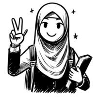 Black and white Silhouette of a muslim guy showing the peace sign scribble vector