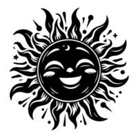 Black and white Silhouette of a sun symbol with a smiling happy Face vector