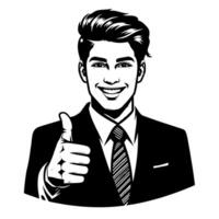 Black and white Silhouette of a indian guy in a positive happy pose and holding thumbs up vector