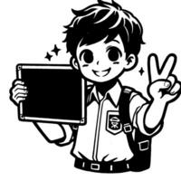 Black and white Silhouette of a student guy showing the peace sign scribble vector