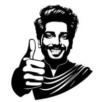 Black and white Silhouette of a indian guy in a positive happy pose and holding thumbs up vector