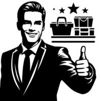Black and white Silhouette of a shop manager holding thumbs up and smiling Face vector