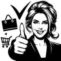 Black and white Silhouette of a female business woman manager holding thumbs up in a business outfit vector