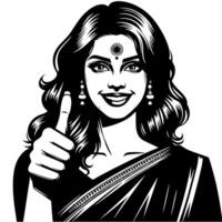 negro y blanco silueta de un grupo de un hembra indio mujer participación pulgares arriba en un casual atuendo sari vector