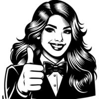 Black and white Silhouette of a female business woman manager holding thumbs up in a business outfit vector