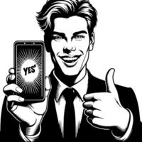 Black and white Silhouette of a indian guy with a smartphone and thumbs up vector