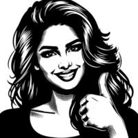 Black and white Silhouette of a group of a female indian woman holding thumbs up in a casual outfit Sari vector