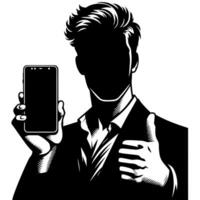 Black and white Silhouette of a indian guy with a smartphone and thumbs up vector