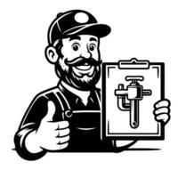 Black and white Silhouette of a plumber holding thumbs up and smiling Face vector