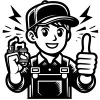 Black and white Silhouette of a plumber holding thumbs up and smiling Face vector