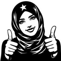 Black and white Silhouette of a group of a female muslim woman holding thumbs up in a casual outfit vector