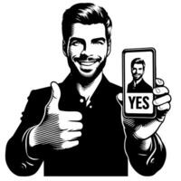 Black and white Silhouette of a indian guy with a smartphone and thumbs up vector