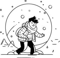 Man in winter clothes walking on ice in thin line style. vector