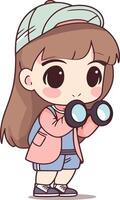 Girl with binoculars. Cute cartoon character illustration. vector