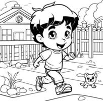 linda pequeño chico corriendo y jugando en el jardín. negro y blanco ilustración para colorante libro. vector