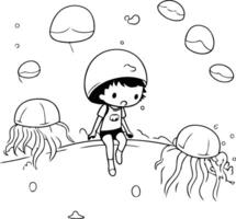 Cute little girl and jellyfish on the sea. vector